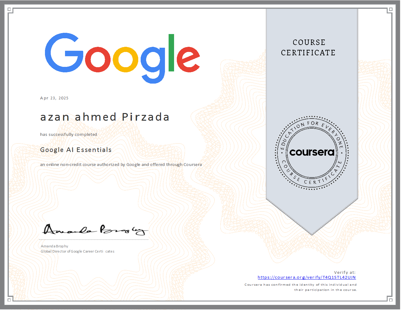 Google AI Essentials Certificate